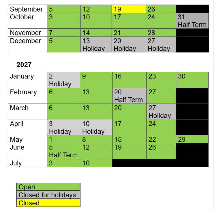 2026-2027 Saturday Service Calendar